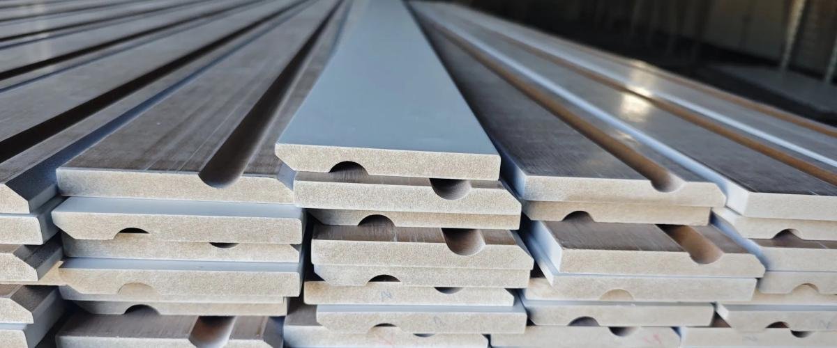Goodwood Mouldings CNC production line routing MDF moulding profiles, Xiamen factory floor